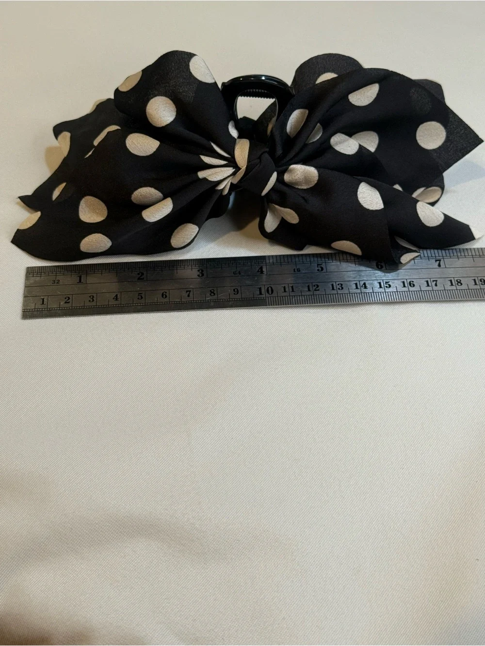 Black Cream Polka Dot Satin Bow Claw Clip Hair Accessory 5” Retro French NWOT
